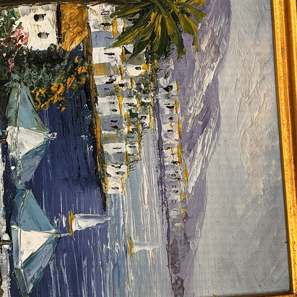 Signed Mediterranean Coastal Village Palette Knife Oil Painting Framed - Picture 9 of 15
